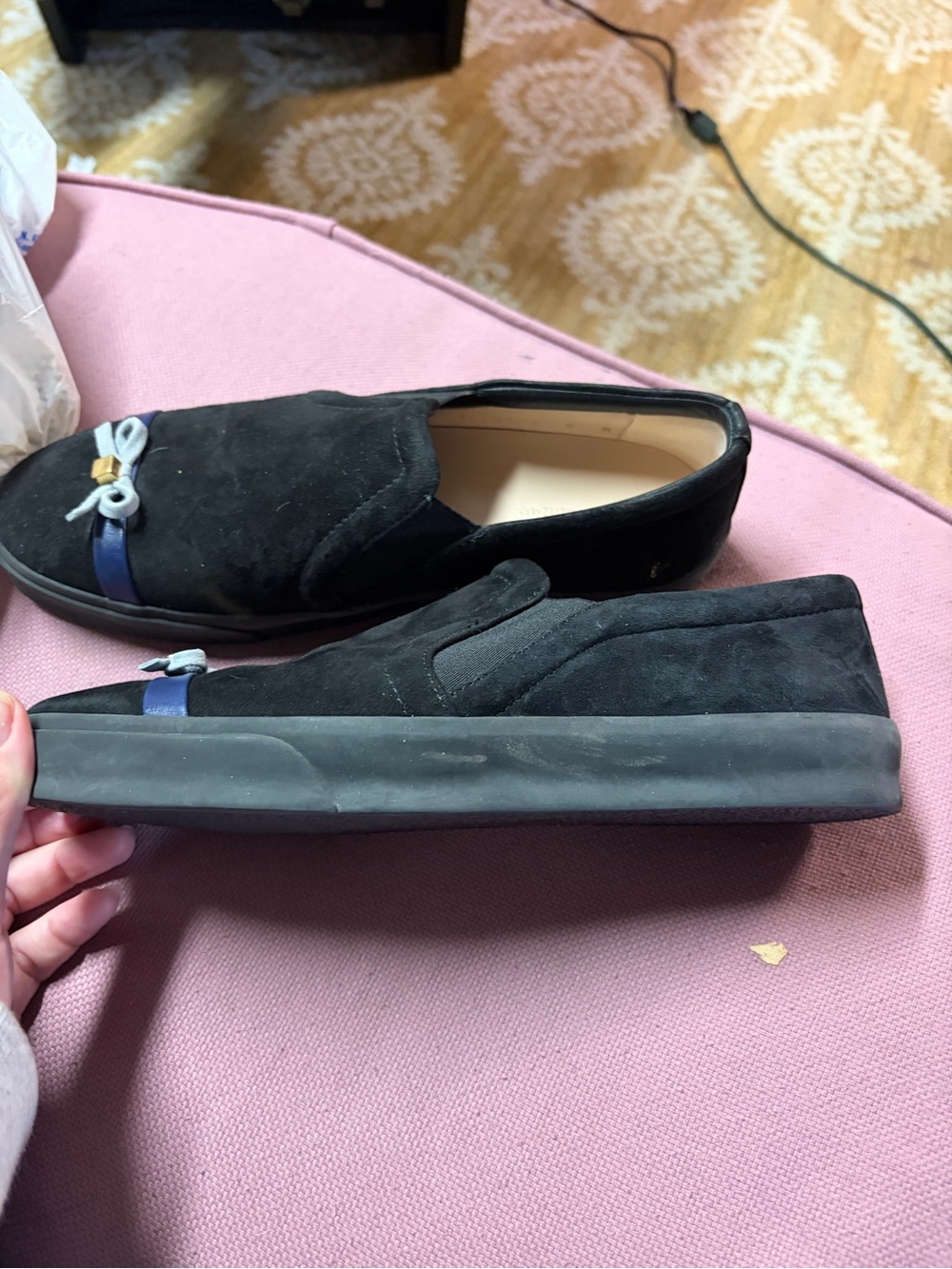 Stuart Weitzman Black Suede Slip-On Loafers with Blue Trim and Light Blue Bow - Picture 4 of 5